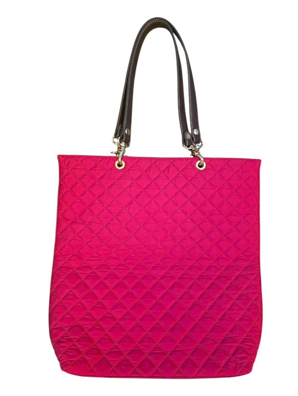 J.McLaughlin Pink Quilted Nylon Tote Bag Brown Leather Handles Gold Hardware